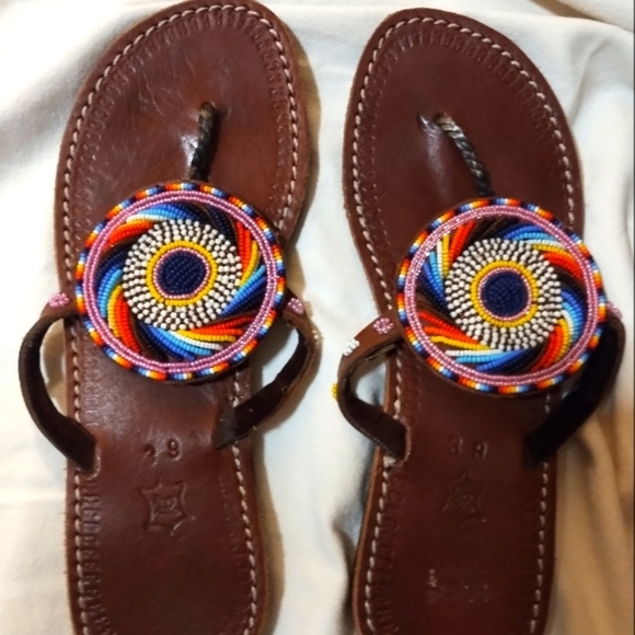 Leather Colorful Beaded Sandals - Picture 1 of 8
